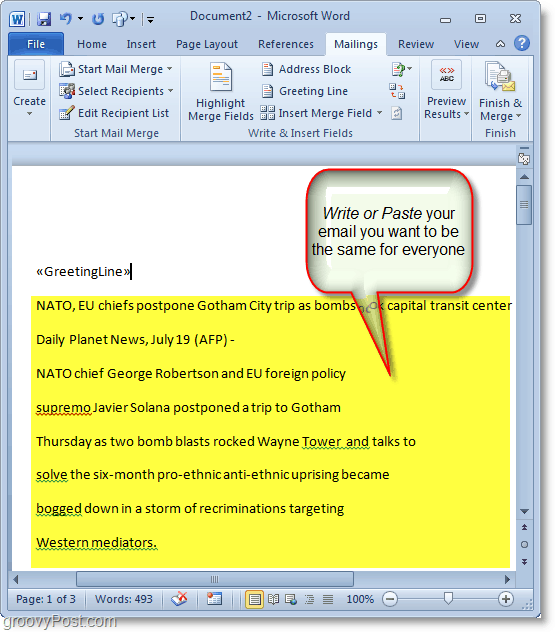Capture d'écran d'Outlook 2010 - écrivez votre contenu d'e-mails de masse