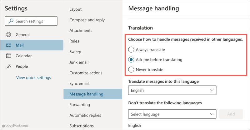 Paramètres de traduction dans Outlook en ligne