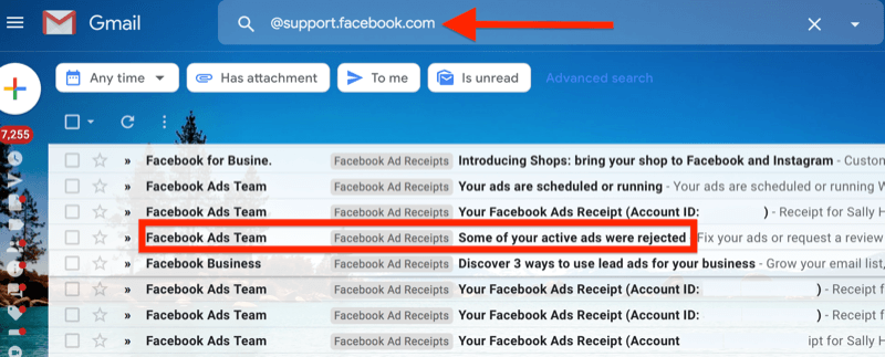 exemple de filtre gmail pour @ support.facebook.com pour isoler toutes les notifications par e-mail des publicités Facebook