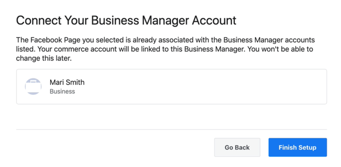 possibilité de connecter votre compte Facebook Business Manager à votre compte Facebook Commerce
