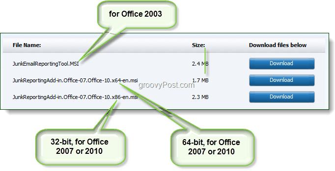 télécharger l'outil de rapport de courrier indésirable pour Office 2003, Office 2007 ou Office 2010