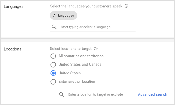 Paramètres de langues et d'emplacements pour la campagne Google AdWords.