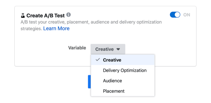 Paramètre de test Facebook ad a / b indiquant les différentes options de création, d'optimisation de la diffusion, d'audience et de placement