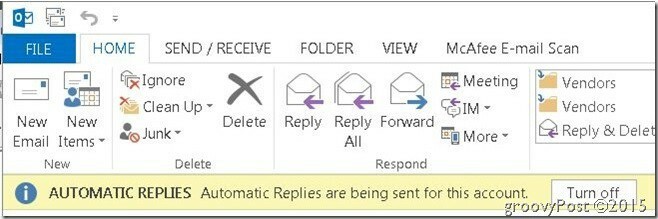 Réponses automatiques Outlook en haut à droite