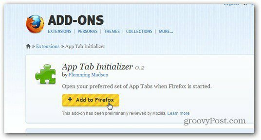 initialisation de l'onglet d'application ajouter à Firefox