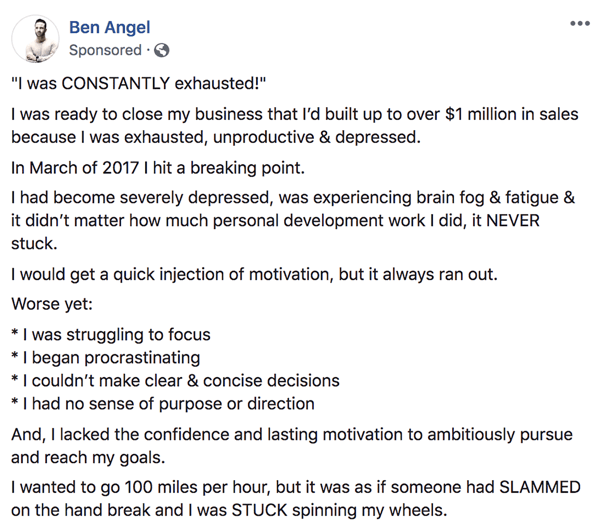 Comment écrire et structurer des publications sponsorisées Facebook textuelles plus longues, étape 1, exemple de déclarations de fond par Ben Angel