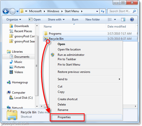 ajuster les propriétés d'un raccourci dans Windows 7