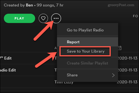 Enregistrer une liste de lecture Spotify dans une bibliothèque utilisateur