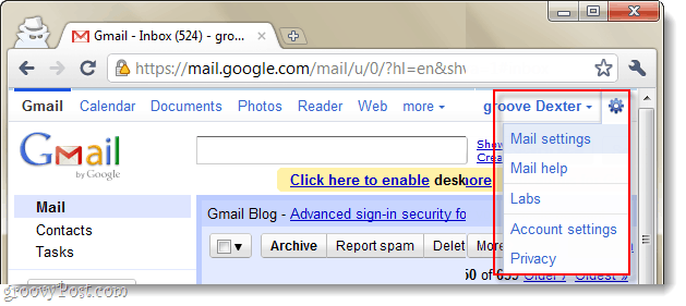 menu déroulant des paramètres de messagerie gmail