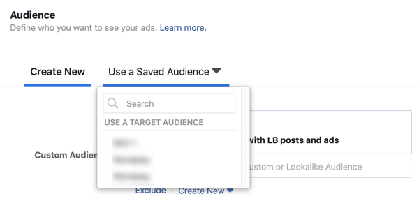 Possibilité d'utiliser une audience enregistrée pour une campagne publicitaire Facebook.