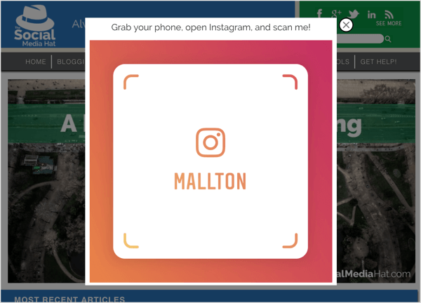 Une fenêtre contextuelle de sortie avec un nom Instagram.