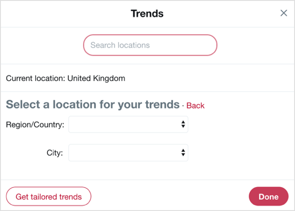 Sélectionnez le pays et la ville sur lesquels vous souhaitez vous concentrer avec les tendances Twitter.
