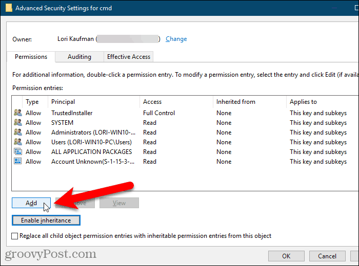 Cliquez sur Ajouter dans la boîte de dialogue Paramètres de sécurité avancés dans le registre Windows
