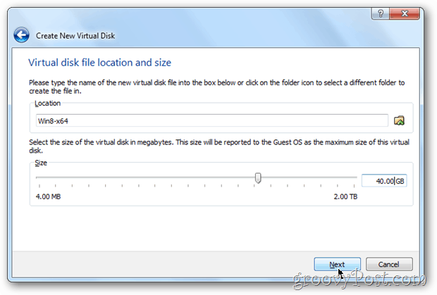 Configuration de la taille du disque VirtualBox Windows 8