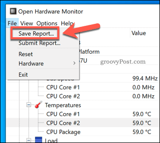 Enregistrement d'un rapport Open Hardware Monitor