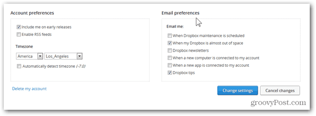 dropbox configurer les préférences de messagerie