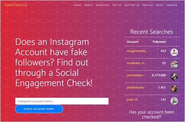 Recherchez de faux abonnés Instagram avec FakeCheck.co.