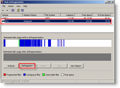 Options du défragmenteur de disque pour Windows XP - Analyse et défragmentation