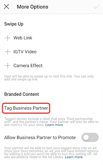 Option de tag partenaire commercial pour les histoires Instagram