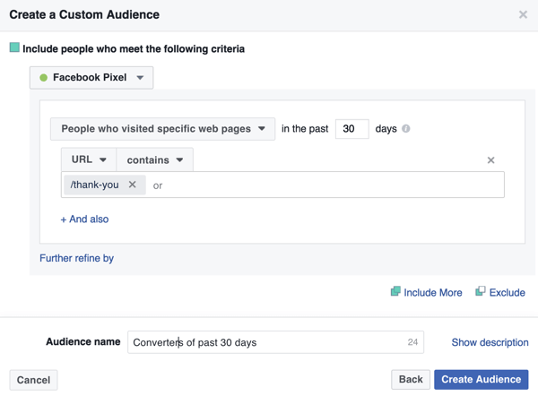 Pour créer une audience personnalisée Facebook d'anciens acheteurs, ajoutez l'URL de votre page de remerciement.