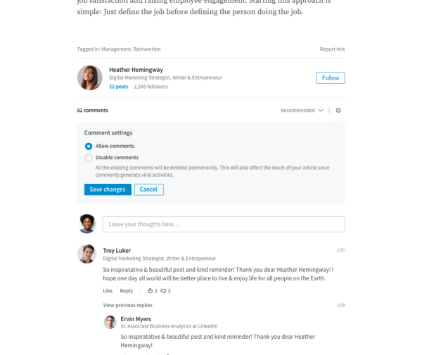 LinkedIn a déployé la possibilité pour les éditeurs de gérer directement les commentaires sur leurs articles longs.