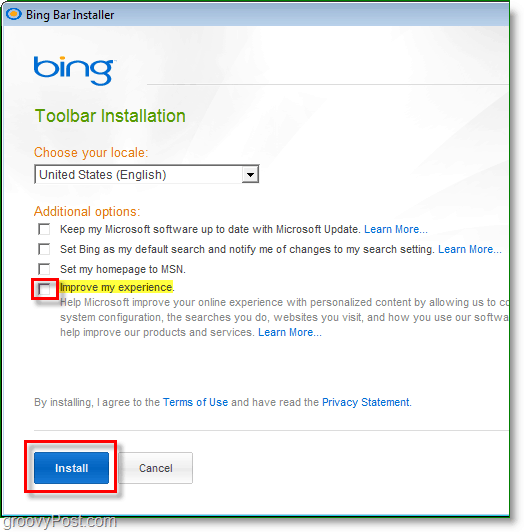comment installer la barre d'outils Bing et désactiver la fonctionnalité Améliorer mon expérience.