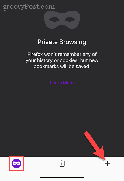 Appuyez sur le bouton Nouvel onglet en mode de navigation privée dans Firefox sur iOS