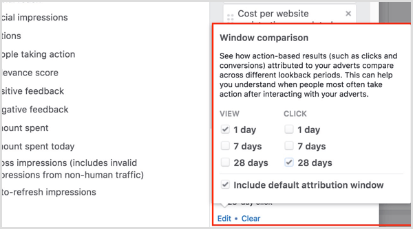 Comparaison de la fenêtre d'attribution du gestionnaire d'annonces Facebook