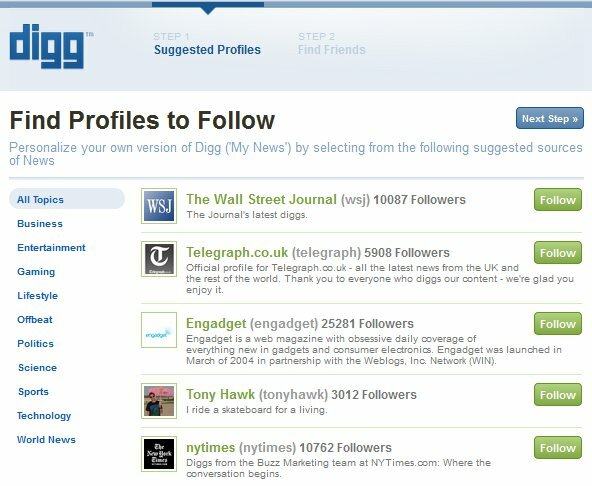 Nouvelle connexion Digg - Étape 1 - Trouver des profils