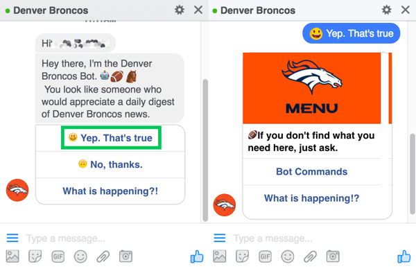 Le chatbot Denver Broncos invite les utilisateurs à s'inscrire à leur résumé quotidien.