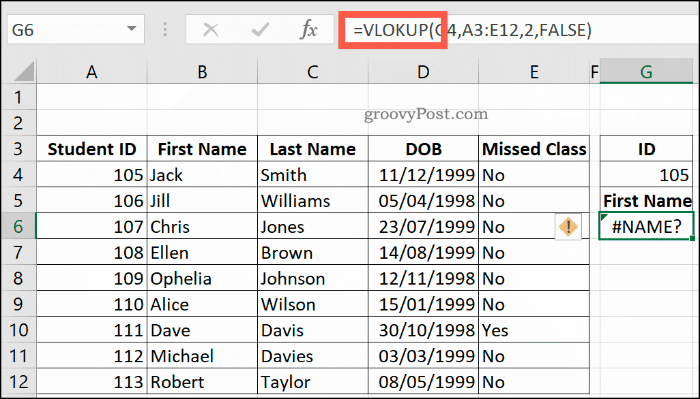 Une formule VLOOKUP mal orthographiée dans Excel, renvoyant une erreur NAME