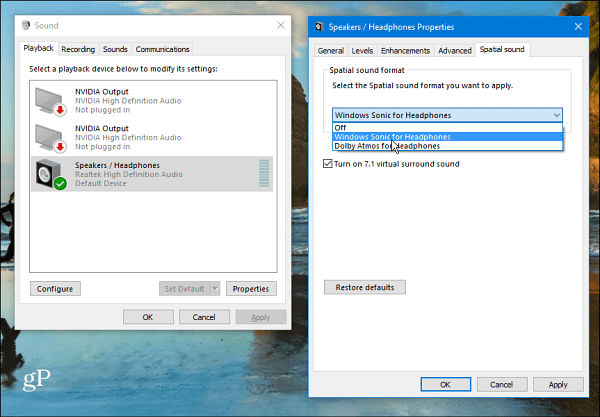 Réglage du son spatial de Windows 10