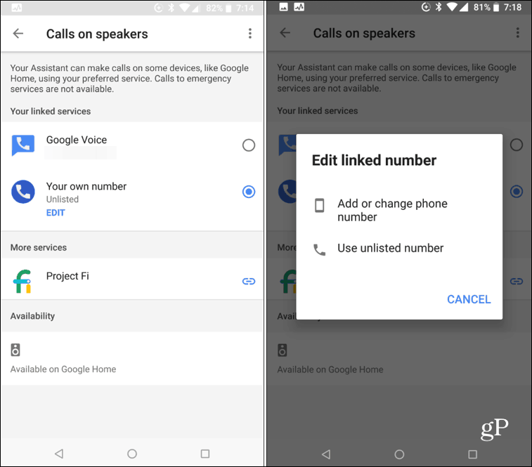 Appels Android sur le haut-parleur intelligent Google Home