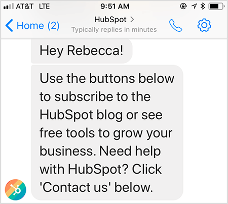 Le message de bienvenue du chatbot de HubSpot vous permet de contacter un humain.
