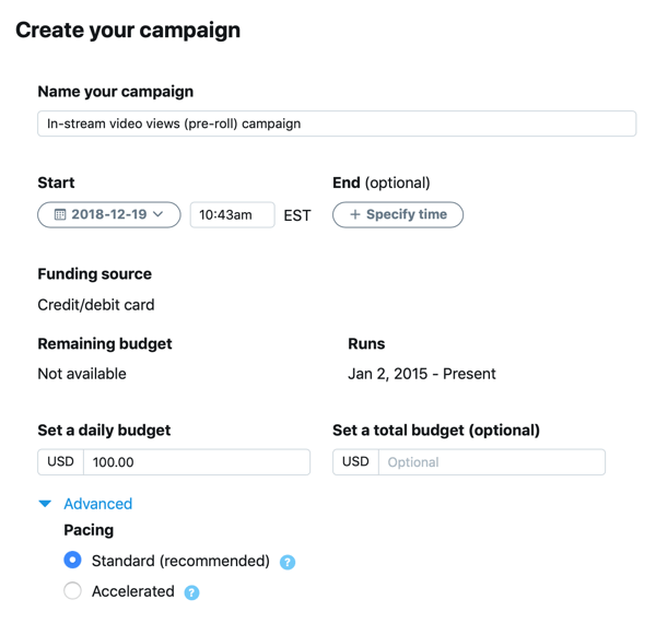 Exemple de paramètres de campagne pour votre annonce Twitter In-Stream Video Views (Pre-Roll).
