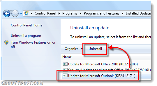 supprimer KB2412171 sur Windows 7 Outlook