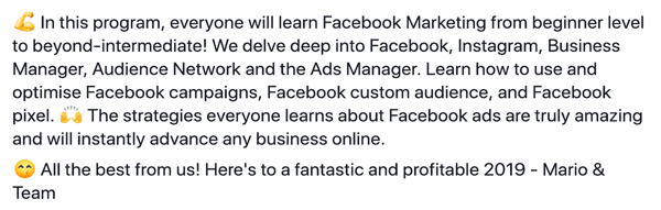 Comment écrire et structurer des publications sponsorisées Facebook textuelles plus longues, étape 6, exemple de déclaration des fonctionnalités du programme par Damn Good Academy par Mario