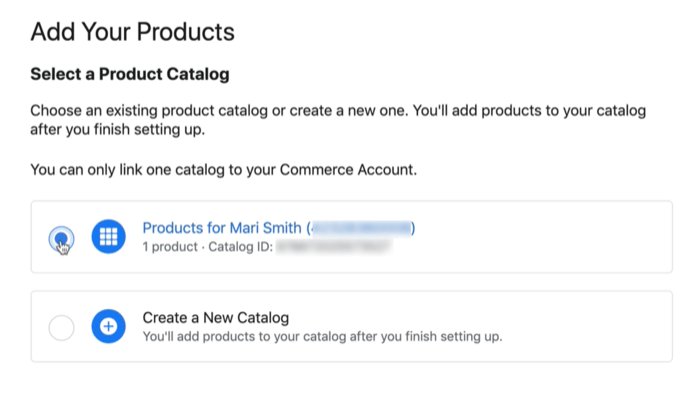 option de catalogue de produits facebook pour connecter un catalogue existant ou nouveau