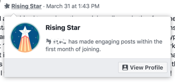 Comment utiliser les fonctionnalités des groupes Facebook, exemple de badge de groupe Rising Star