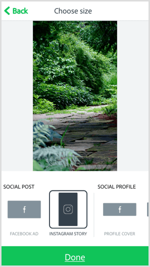 Sélectionnez une taille avec l'application mobile Adobe Spark Post.