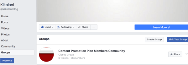 Votre groupe lié apparaîtra dans l'onglet Groupes de votre page Facebook.