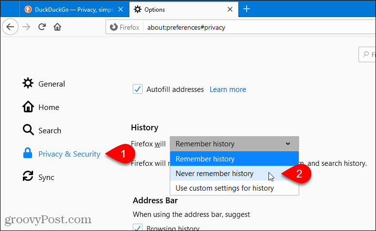 Sélectionnez Never Remember History dans Firefox