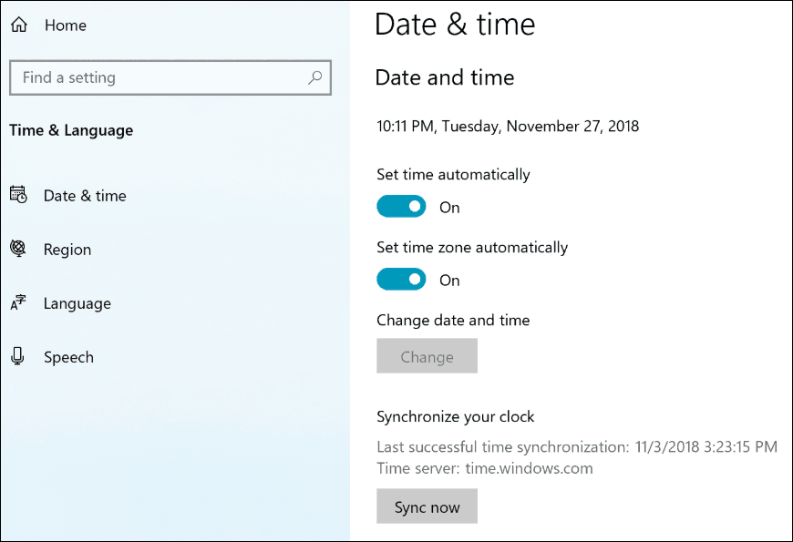 Paramètres d'horloge de synchronisation Windows 10 19H1