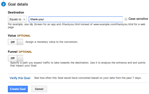 URL de destination de l'objectif Google Analytics