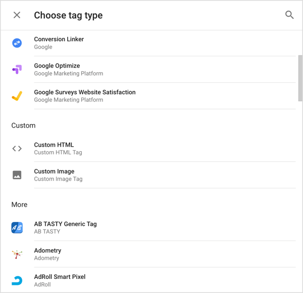 Choisissez le type de balise que vous souhaitez ajouter à Google Tag Manager.