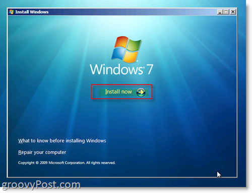 Menu d'installation de Windows 7