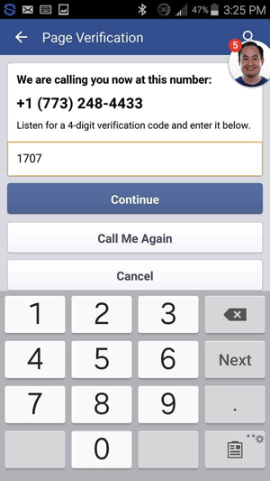 Entrez le code de vérification que vous avez reçu de Facebook et appuyez sur Continuer.