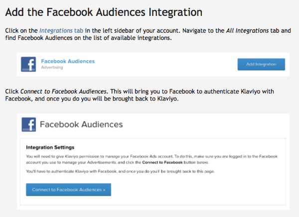 L'intégration Facebook Audiences de Klaviyo est facile à utiliser.