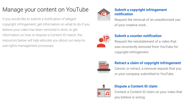YouTube a mis en place des procédures de retrait que vous pouvez suivre si quelqu'un enfreint vos droits d'auteur.