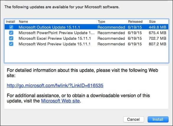 Mise à jour de l'aperçu KB3074179 de Microsoft Office 2016 pour Mac